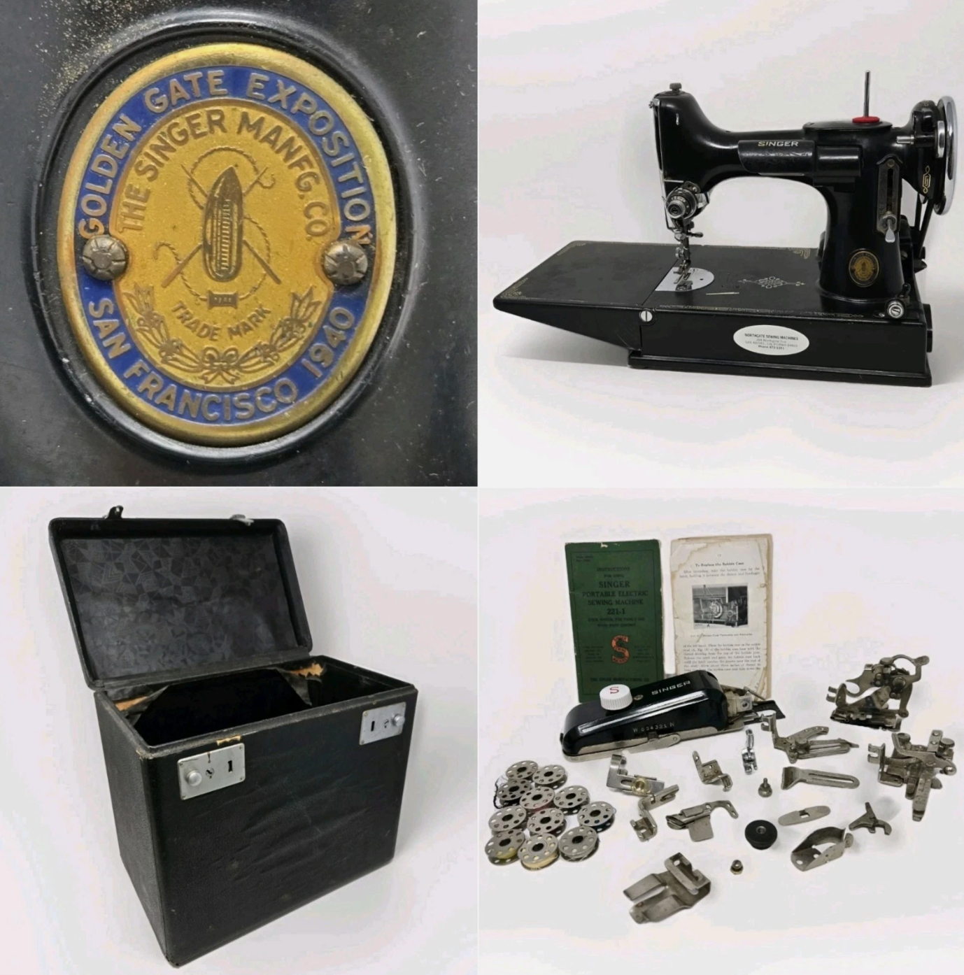 Ultra Rare 1940 Singer Featherweight 221-1 Sewing Machine | Golden Gate Exposition Badge | Original Case & Accessories