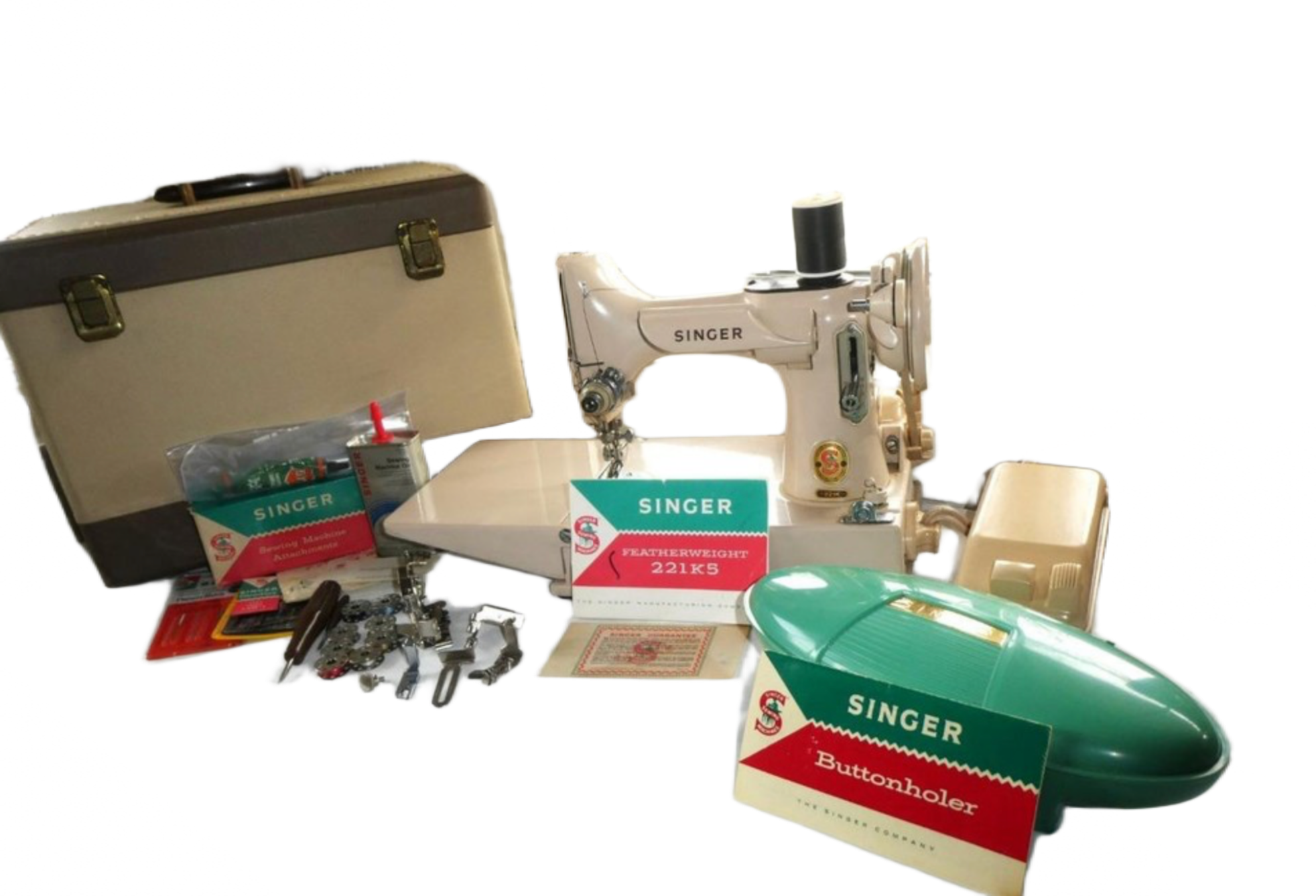 Vintage 1961 Singer 221K Tan Featherweight Sewing Machine w/ Case & Accessories – Rare Find, Ideal for Restoration