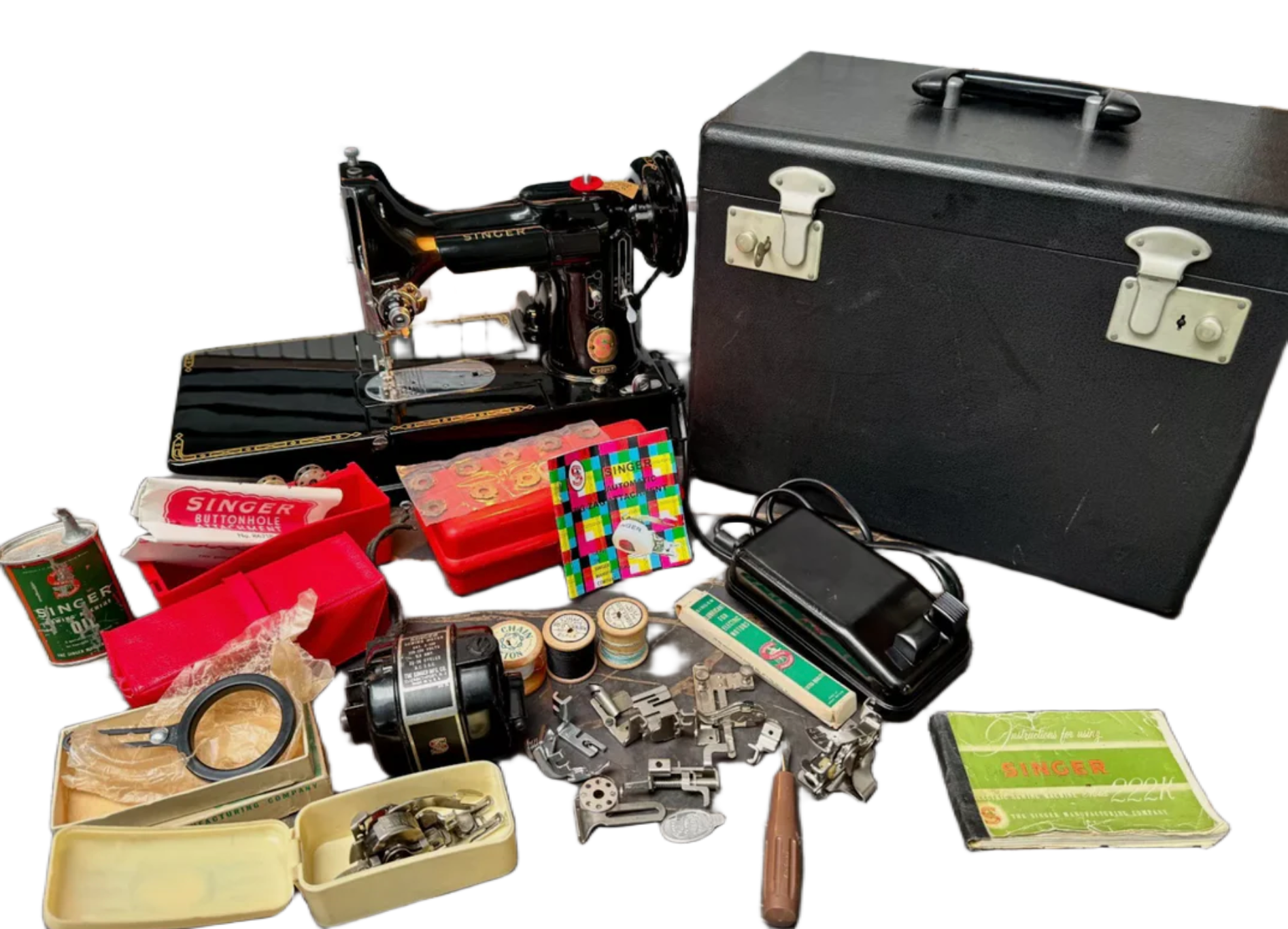 1960s Singer 222K Featherweight Sewing Machine | Red "S" Badge | Fully Serviced | Dual Voltage + Zigzag & Case