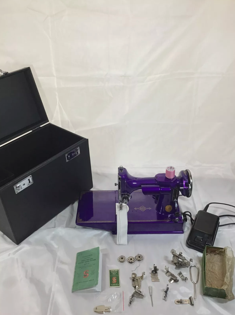 1936 Singer Featherweight 221 Sewing Machine | Powder Coat Finish | AE Series | Purple Passion | Vintage Restored | Collector’s Piece