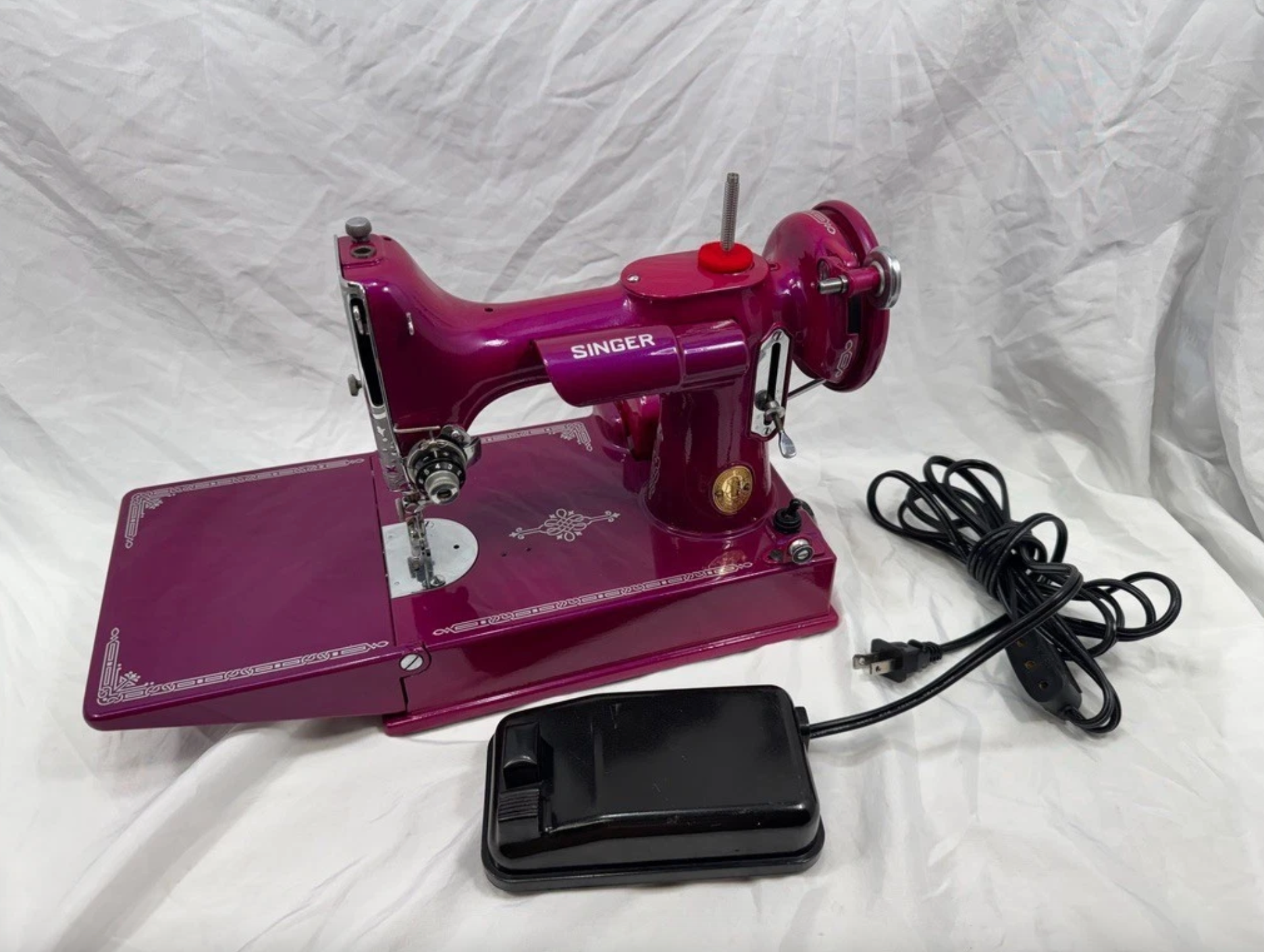 1939 Singer Featherweight 221 | Magenta Pearl Restored Sewing Machine | Vintage Quilting Classic with Case & Accessories