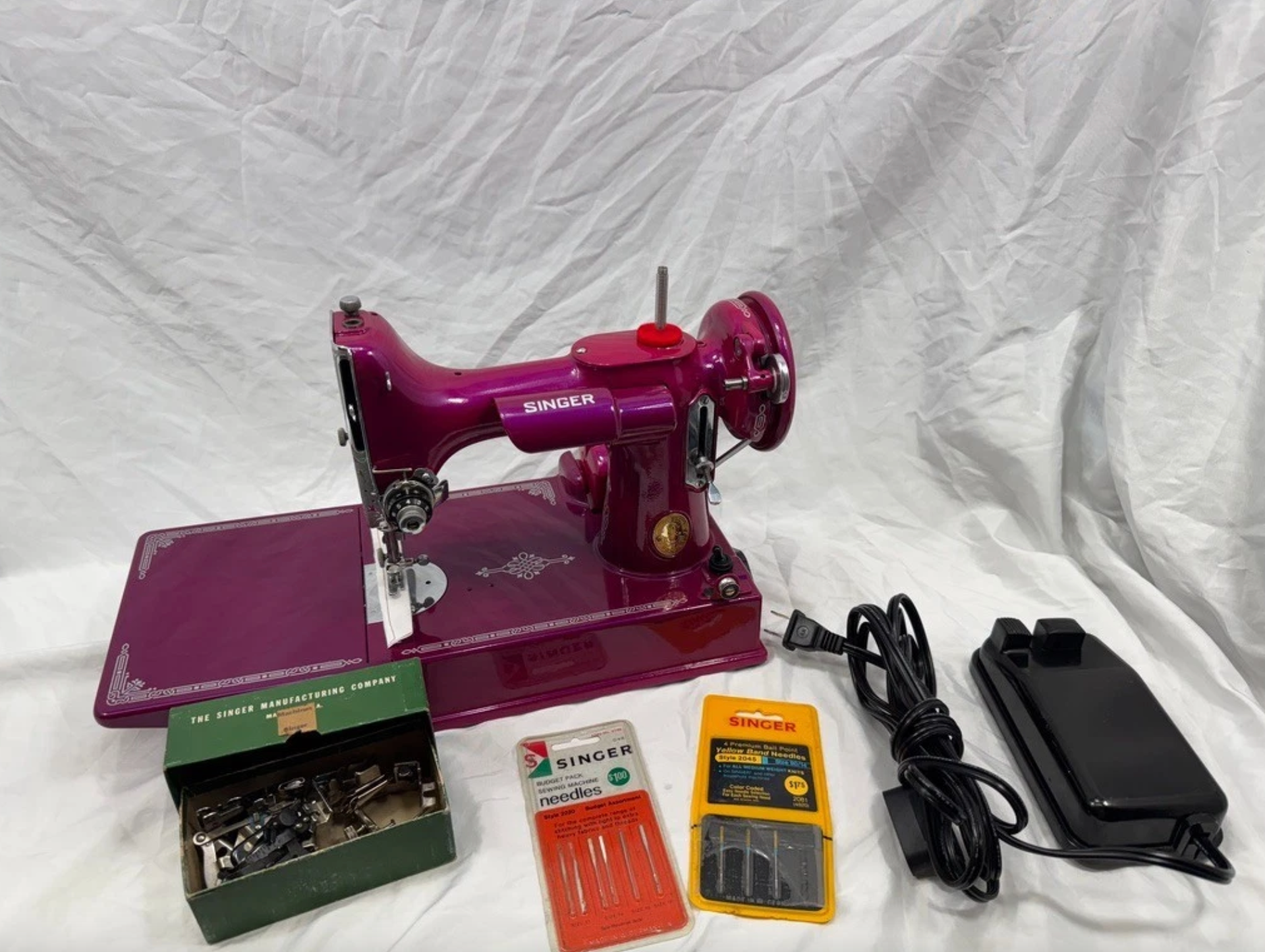 1939 Singer Featherweight 221 | Magenta Pearl Restored Sewing Machine | Vintage Quilting Classic with Case & Accessories