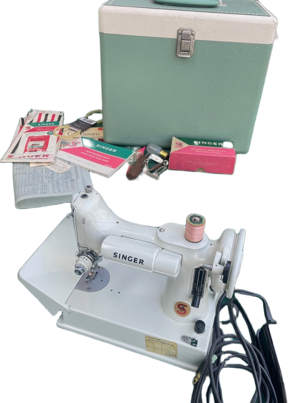 Vintage 1966 Singer 221K Featherweight Sewing Machine | White Finish | Case, Attachments, Manual & Receipt