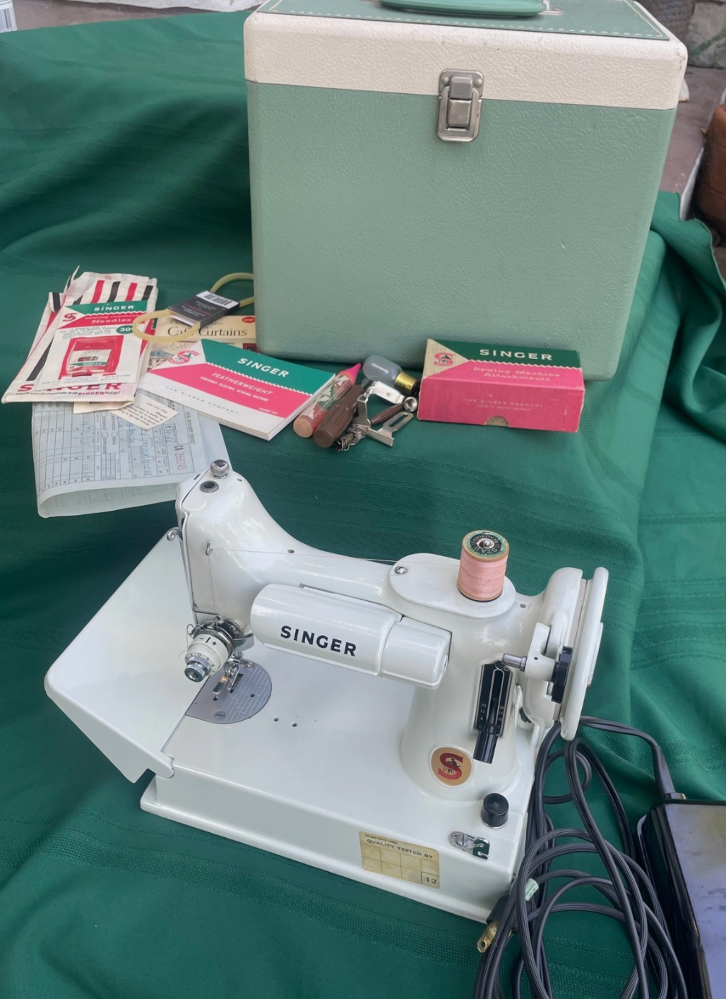 Vintage 1966 Singer 221K Featherweight Sewing Machine | White Finish | Case, Attachments, Manual & Receipt