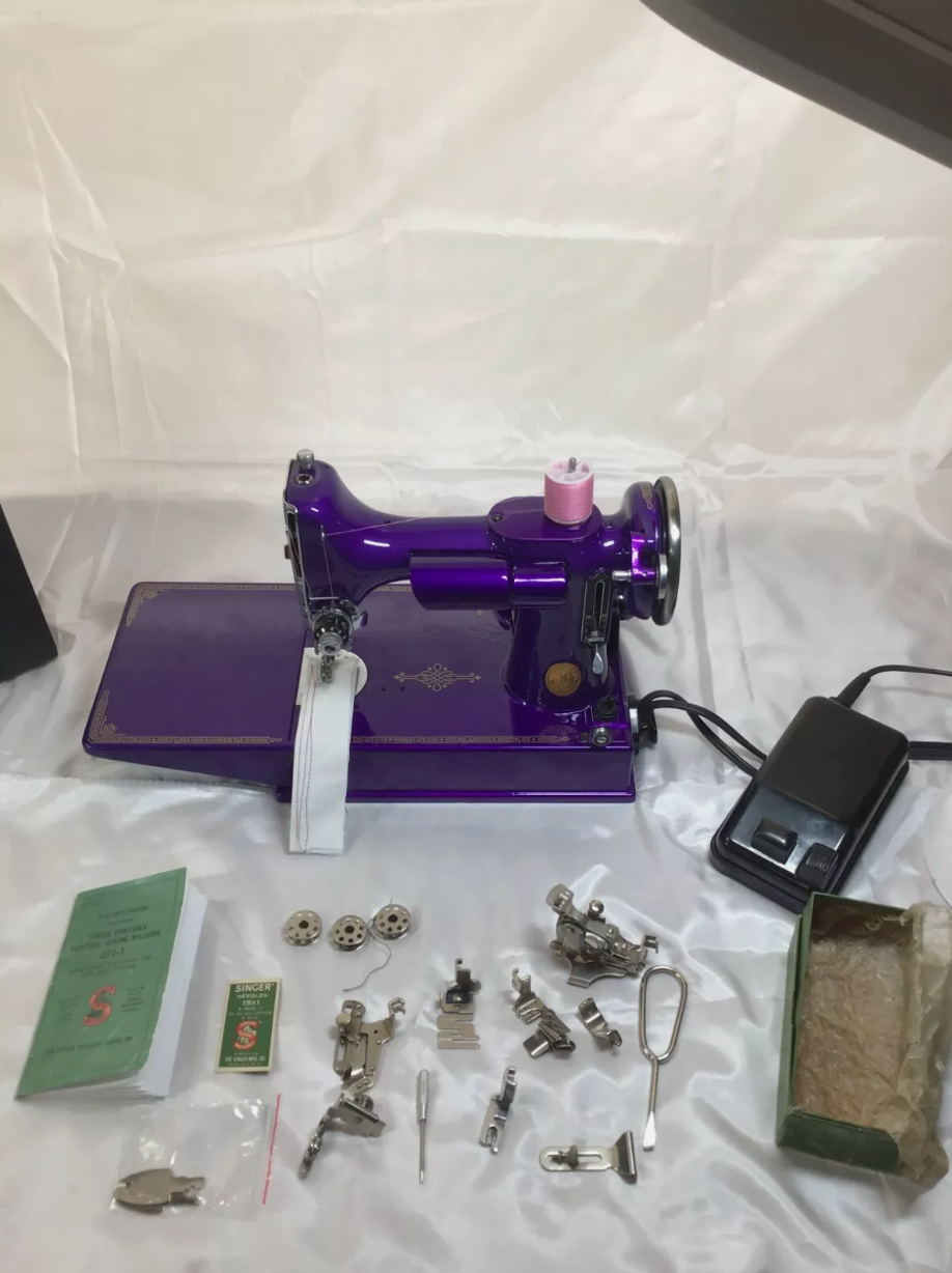 1936 Singer Featherweight 221 Sewing Machine | Powder Coat Finish | AE Series | Purple Passion | Vintage Restored | Collector’s Piece