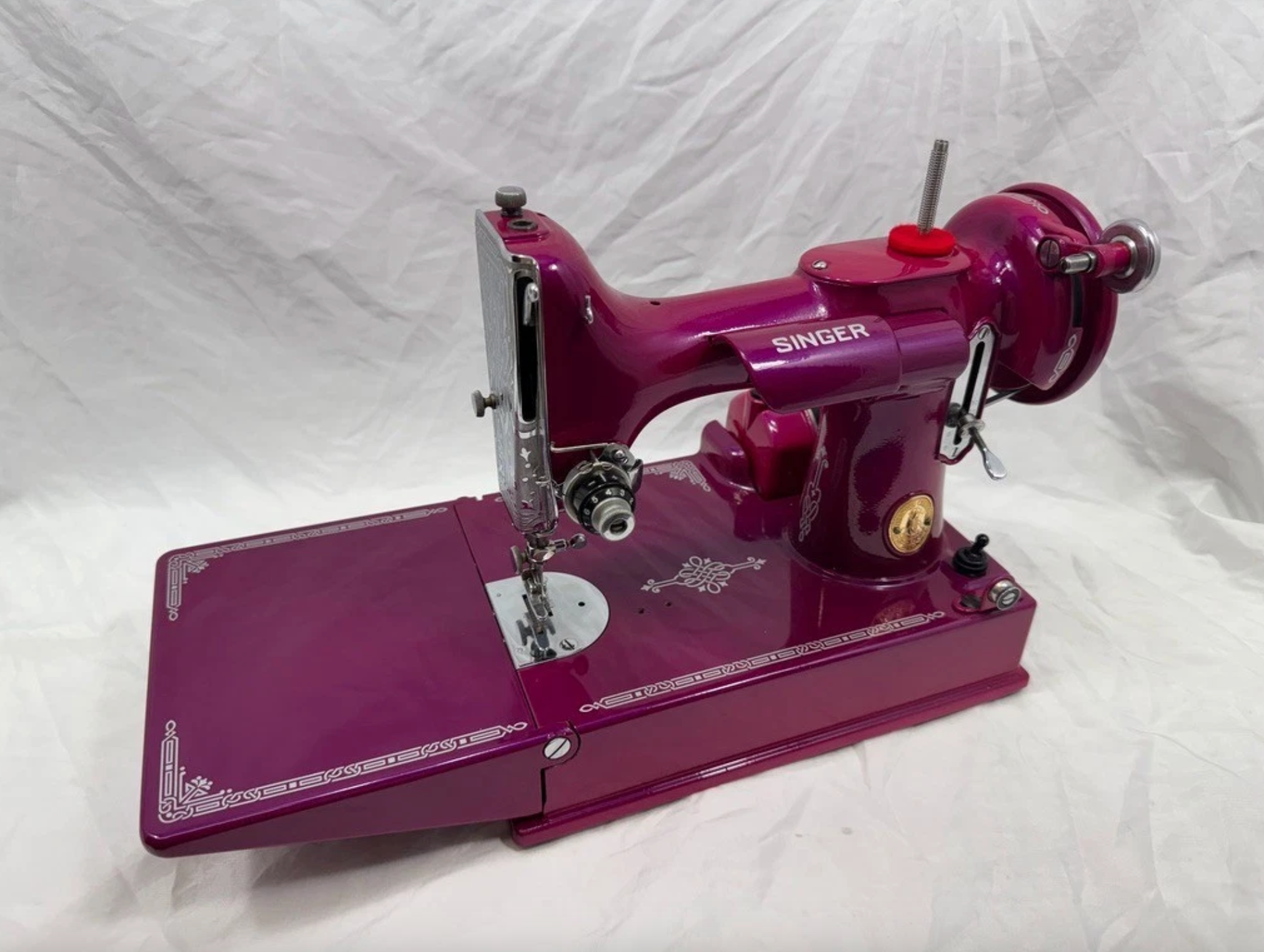1939 Singer Featherweight 221 | Magenta Pearl Restored Sewing Machine | Vintage Quilting Classic with Case & Accessories
